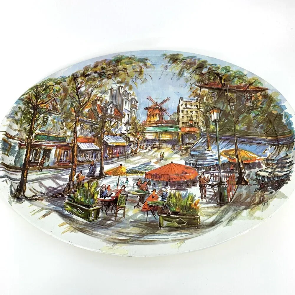 Vintage 70s Daher Metal Ware Tray PARIS Street Scene Moulin Rouge Windmill
